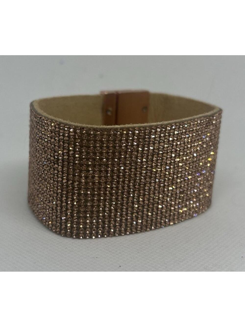 Wide Rose Gold Rhinestone Cuff Bracelet Crystal Bling Statement Bracelet